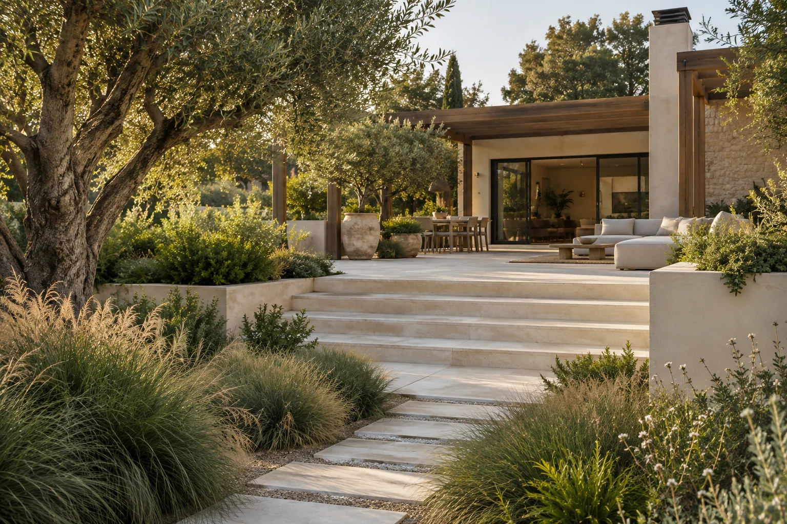 Illustrative contemporary garden with limestone terrace, olive tree and natural planting